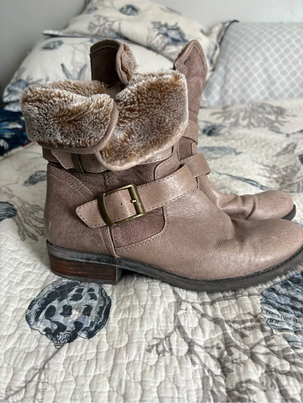 BareTraps Women's Dual-Buckle Ankle Boots in Taupe